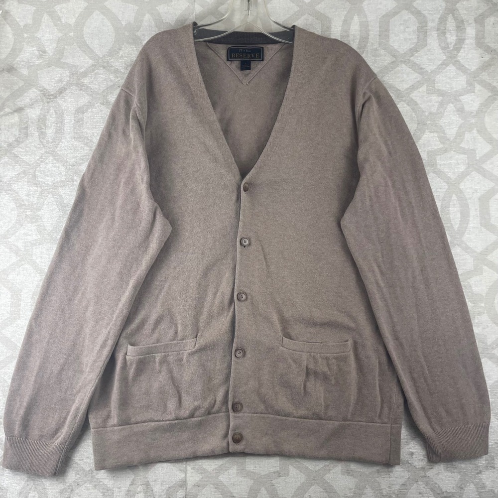 Jos A Bank Reserve Mens Large Taupe Brown Cotton Silk V-Neck Cardigan Sweater